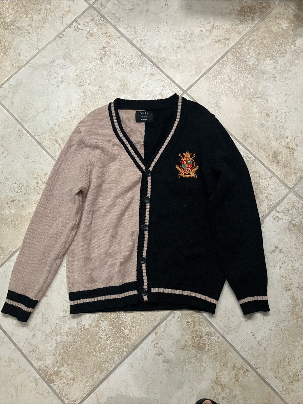 Rue21 Two-Tone Black and Beige V-Neck Cardigan with Embroidered Crest